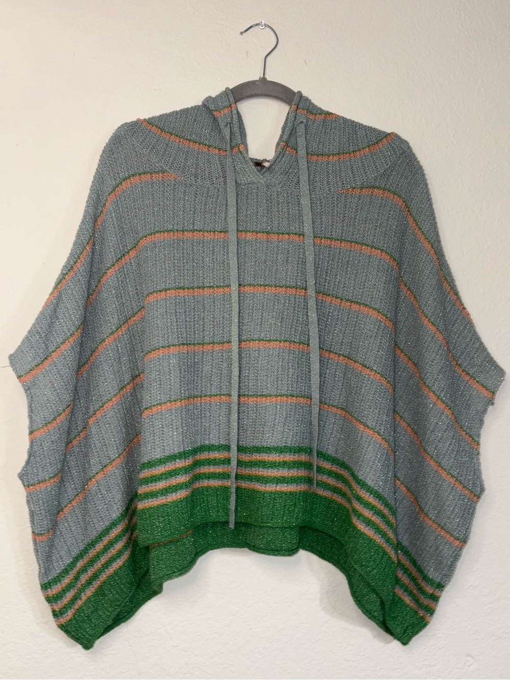 Free People Shimmer & Sheen Hoodie Striped Poncho Green Blue Oversized M/L